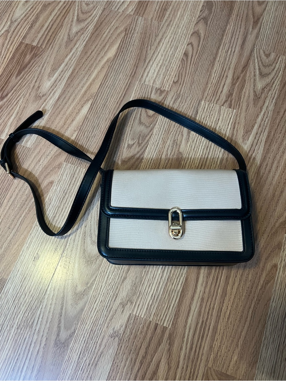 Cream and Black Crossbody Shoulder Bag with Gold Hardware